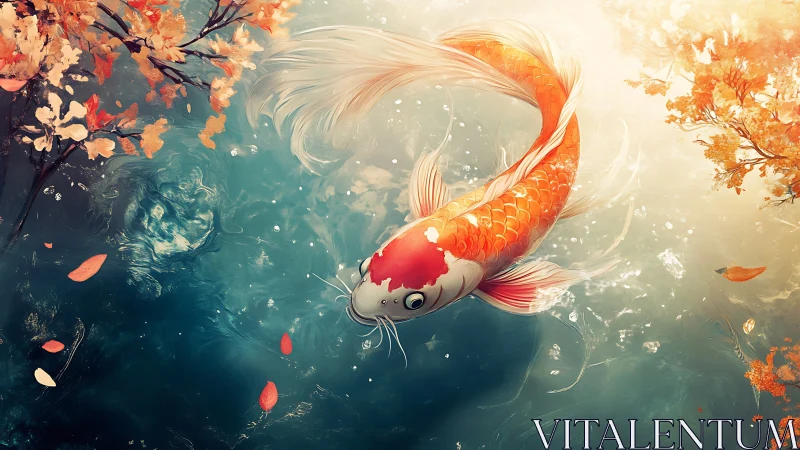 Golden koi glides through sunlit water in serene autumn pond