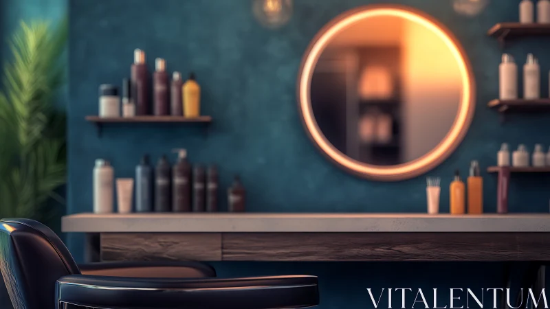 Modern salon station with round mirror and products.