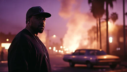 Brooding street sentinel in violet smoke and city firelight.