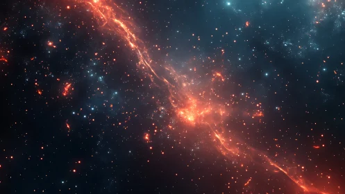 Fiery nebula stream ignites a deep blue star filled cosmos