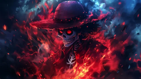 Flaming skeletal figure in hat occupies central composition