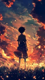 Silhouetted youth in ember lit field beneath dramatic dusk sky