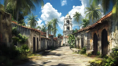 Sunlit colonial street with weathered bell tower glow.