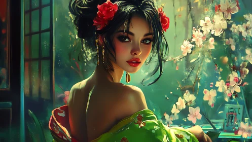 Ornamental portrait of woman in floral kimono by window.