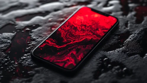 Wet smartphone on dark surface with red abstract OLED display