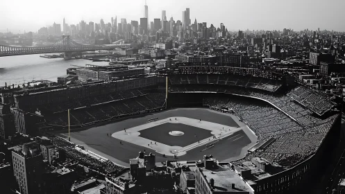 Historic urban baseball stadium with city skyline view.