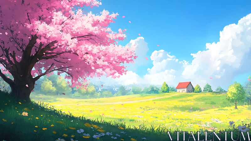 Blossoming cherry tree shelters a bright spring meadow home