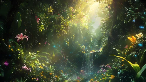 Sunlit hidden forest glade sparkles with magic and wild color