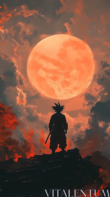 Silhouetted warrior below large red moon amid clouds.
