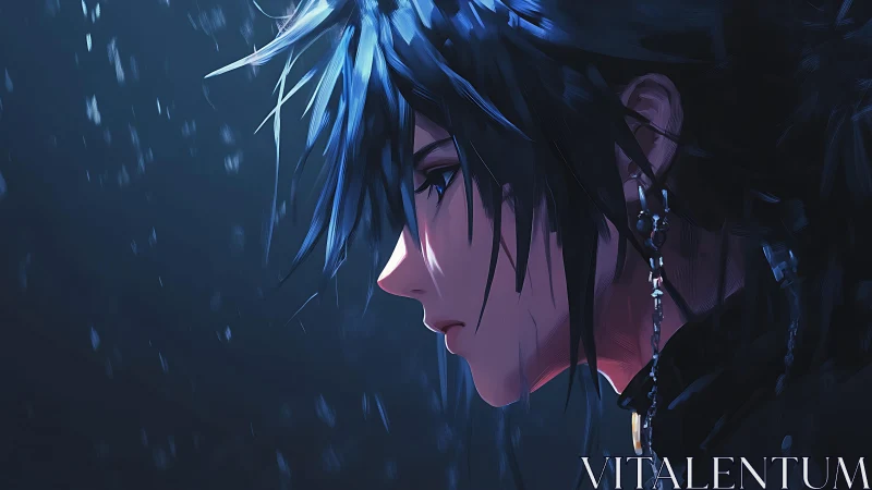 Side profile shows blue haired character in dim rainlight