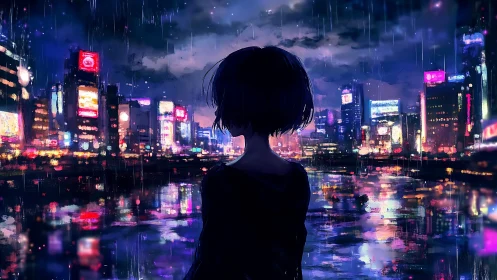 Midnight rain wraps a quiet city watcher in neon glow