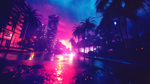 Neon rainstorm over palm-lined cyber city boulevard at dusk.