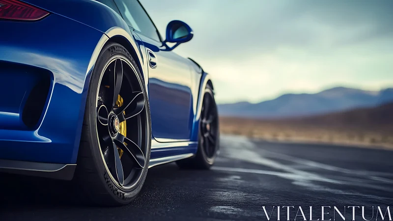 Electric cobalt coupe poised for a desert horizon sprint.