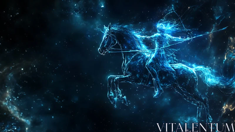 Celestial archer astride luminous cosmic stallion.