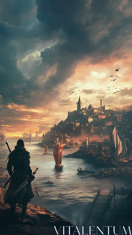 Hooded warrior overlooks fortified harbor under storm clouds