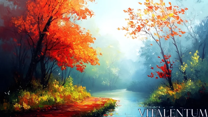 Autumn river bend under misty light with vivid trees.