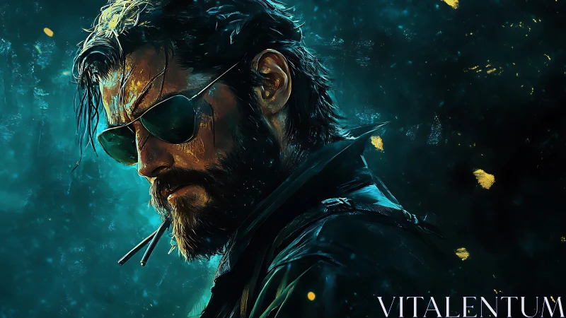 Cinematic bearded operative in teal-gold digital chiaroscuro.