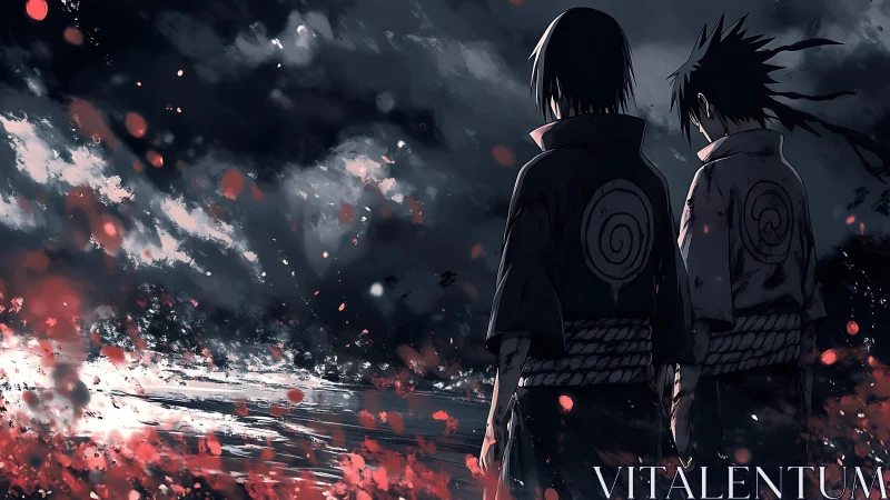 Brooding warriors watch a burning shore beneath stormed skies.