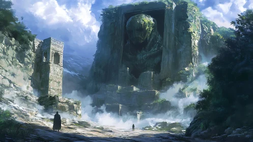 Ancient stone colossus carved into misty mountain gorge.