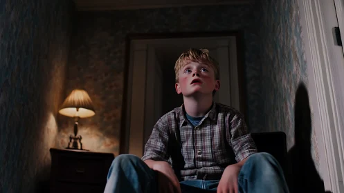 Boy bathed in lamplight stares upward in quiet suspense.