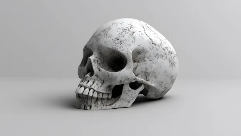 Realistic Human Skull on Gray Background, Minimalist Style.