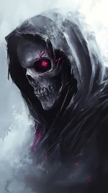 Hooded skeletal figure stares forward with glowing red eye