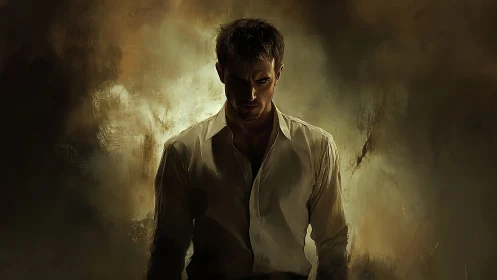 Male figure stands in dim light against diffuse painted backdrop