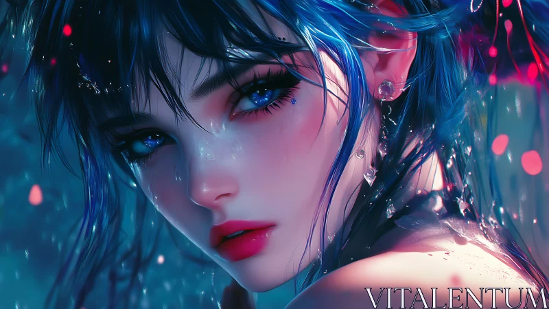 Close-up digital portrait of blue-haired woman in water.