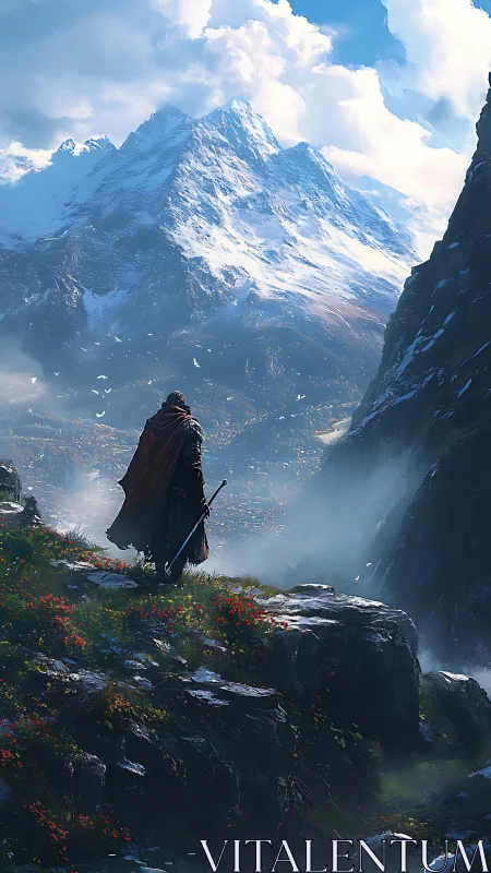 Lone cloaked wanderer gazes toward vast snowbound peaks