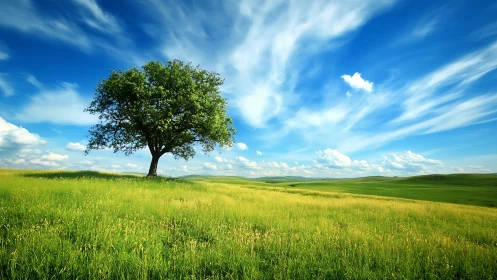 Solitary tree on expansive green field under vivid sky.