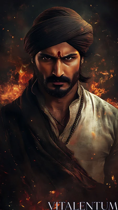 Storm-eyed warrior in ember-swirled twilight resolve.