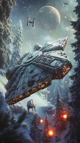 Snowbound star chase over a frosted pine canyon at dusk.