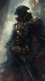 Masked figure in ornate black coat amid burning cityscape.