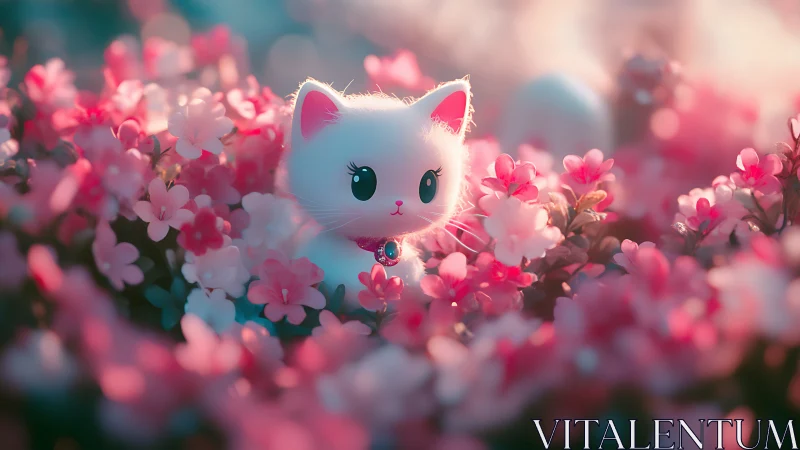 White Cat Surrounded by Pink Flowers.
