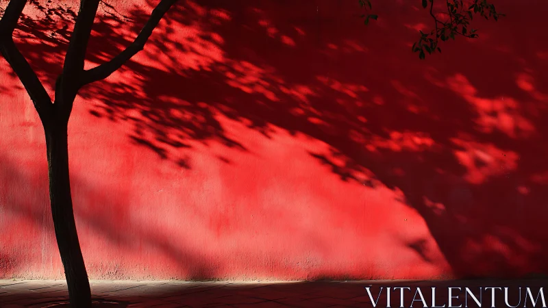 Tree silhouette casting long shadows on vivid red wall.