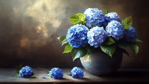 Blue Hydrangeas in Vessel with Fallen Petals.
