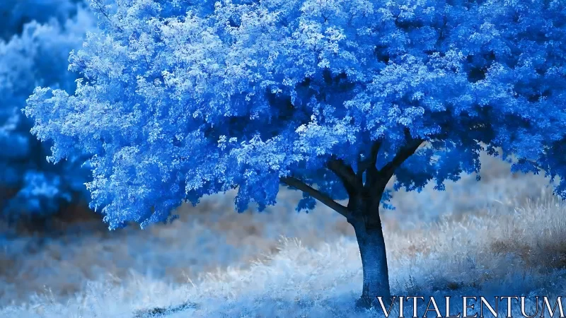 Single blue tree in a stylized meadow landscape scene.