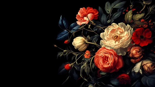 Baroque Floral Study: Roses and Peonies Against Black.