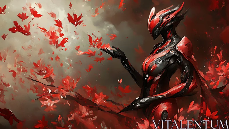 Cybernetic warrior commands crimson petals in storm