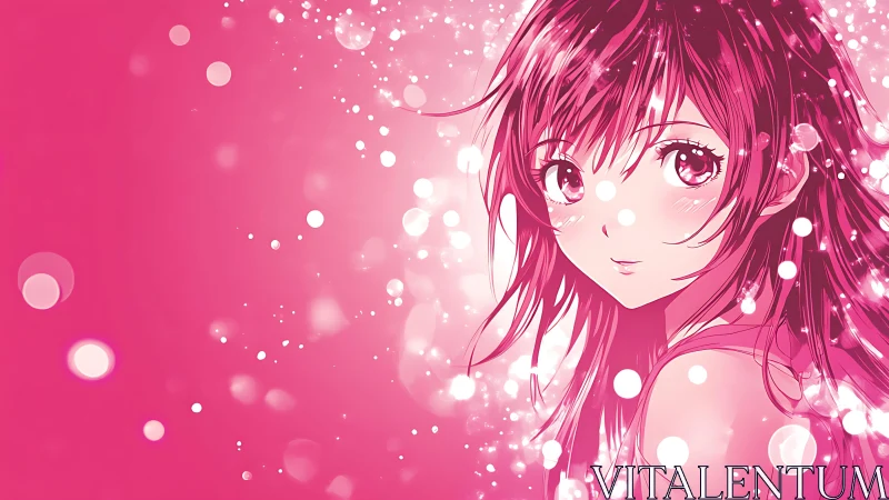Pink anime girl portrait with glowing bokeh lights.