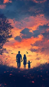 Silhouetted family walks under vivid orange and blue sky
