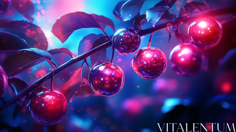 Cherry-like spherical fruits hang along a branch under neon light