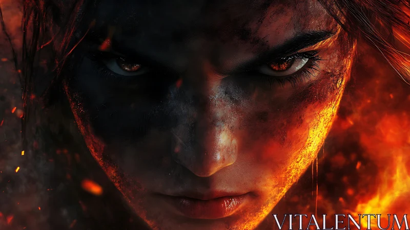 Incandescent warrior portrait with embers and scorched dermis.