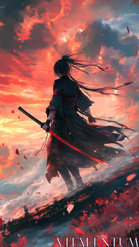 Lone samurai surveys a blazing sky of swirling embers.