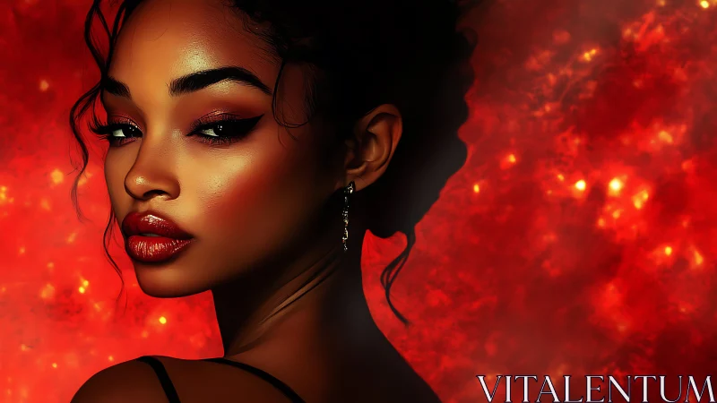 Digital portrait of woman against vivid red abstract field.