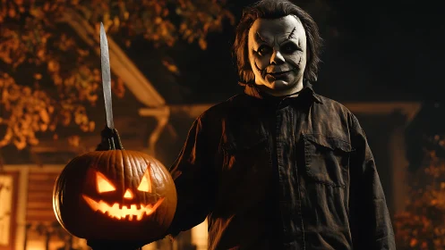 Masked figure with jack-o-lantern and knife on autumn night.