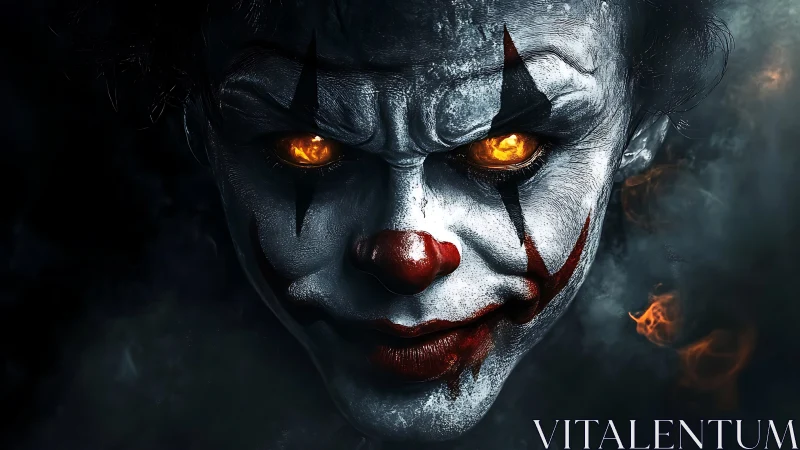 Demonic clown grins while molten ember eyes slice the dark