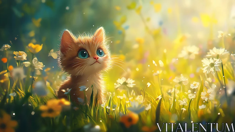 Ginger Kitten in Sunlit Meadow with Daisies and Soft Focus.
