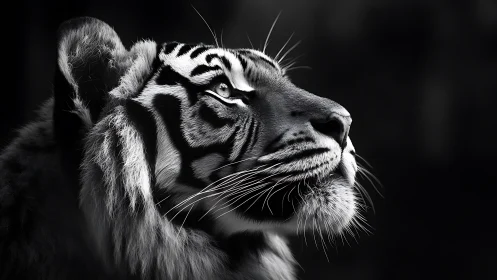 Majestic tiger gazes upward in dramatic monochrome light.