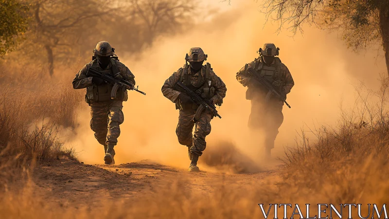 Dustborn patrol charging through wildfire sunlight haze.